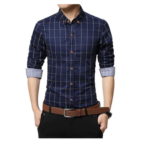 Checkered Slim Fit Long Sleeve Plain Shirt - Bachelor Hut